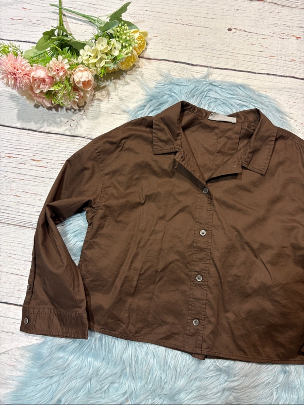 NWOT Everlane Woven PJ Chesnut Button Front Cropped Top - Picture 4 of 8